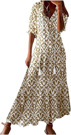 Boho Maxi Dresses for Women Summer Fashion Print V Neck Short Sleeve Flowy Dress Long Beach Dress Casual Sundress