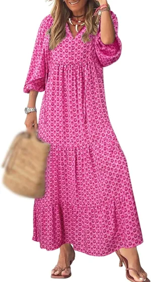 Boho Maxi Dresses for Women Summer Loose V Neck Puff Short Sleeve Dress Casual Flowy Floral Tiered Beach Sundress