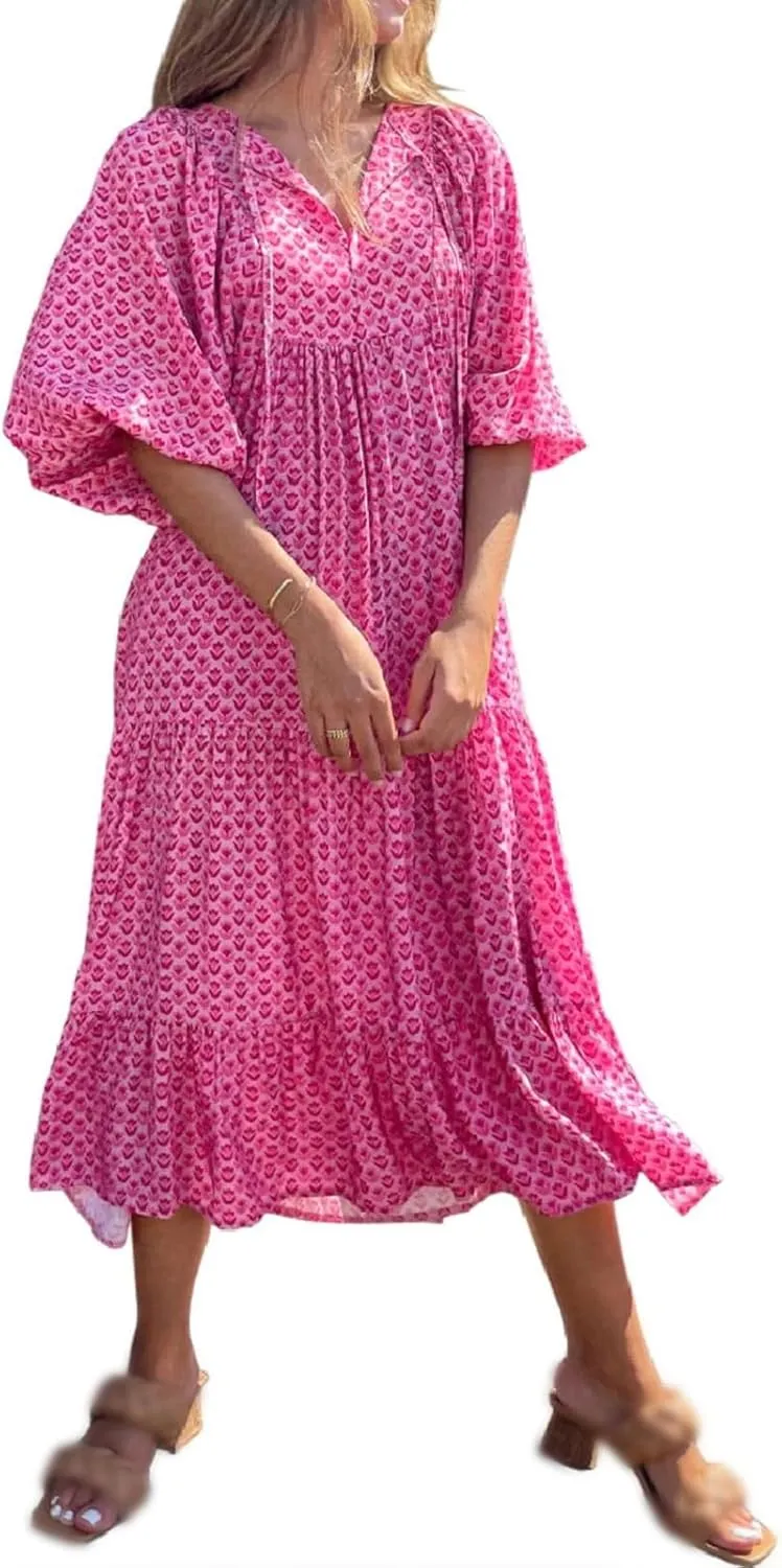 Boho Maxi Dresses for Women Summer Loose V Neck Puff Short Sleeve Dress Casual Flowy Floral Tiered Beach Sundress
