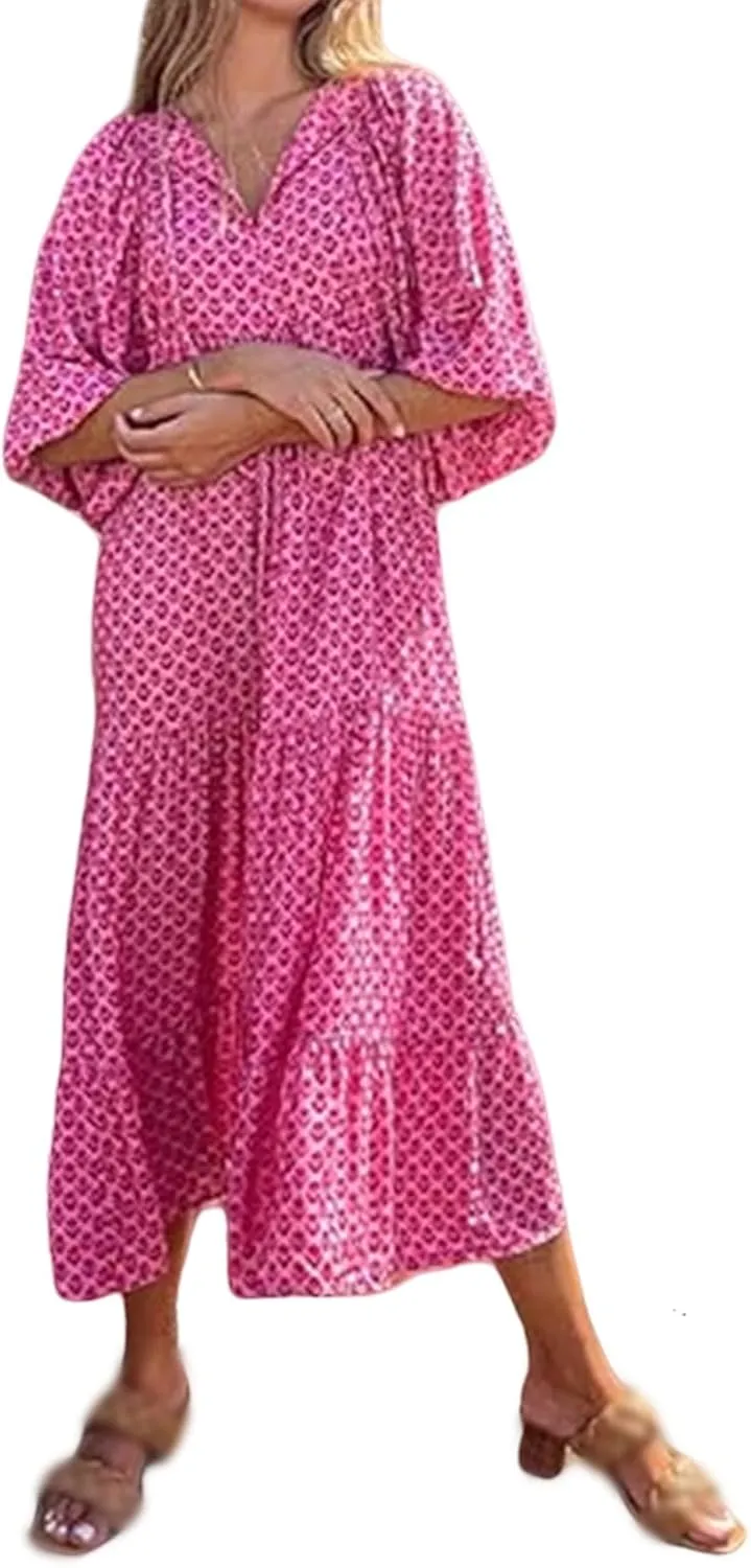 Boho Maxi Dresses for Women Summer Loose V Neck Puff Short Sleeve Dress Casual Flowy Floral Tiered Beach Sundress