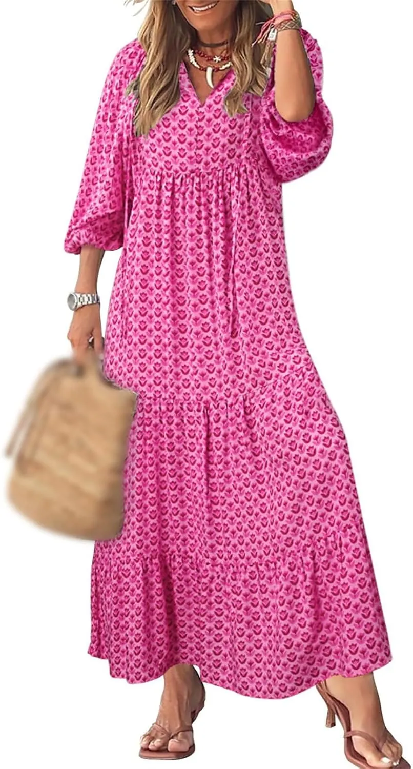 Boho Maxi Dresses for Women Summer Loose V Neck Puff Short Sleeve Dress Casual Flowy Floral Tiered Beach Sundress