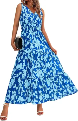 Boho Summer Dresses for Women 2025 Casual Floral Maxi Dress Sleeveless Bohemian Long Sundress Flowy Beach Dresses
