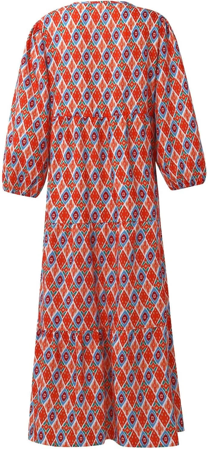 Boho Summer Dresses for Women 2025 Puff Sleeve Geometric Flower Maxi Dress Comfy Tiered Gingham Flowy Long Dress