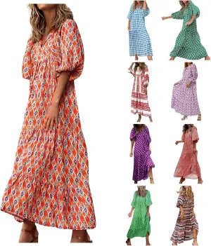 Boho Summer Dresses for Women 2025 Puff Sleeve Geometric Flower Maxi Dress Comfy Tiered Gingham Flowy Long Dress