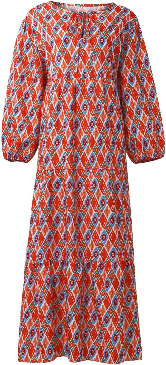 Boho Summer Dresses for Women 2025 Puff Sleeve Geometric Flower Maxi Dress Comfy Tiered Gingham Flowy Long Dress