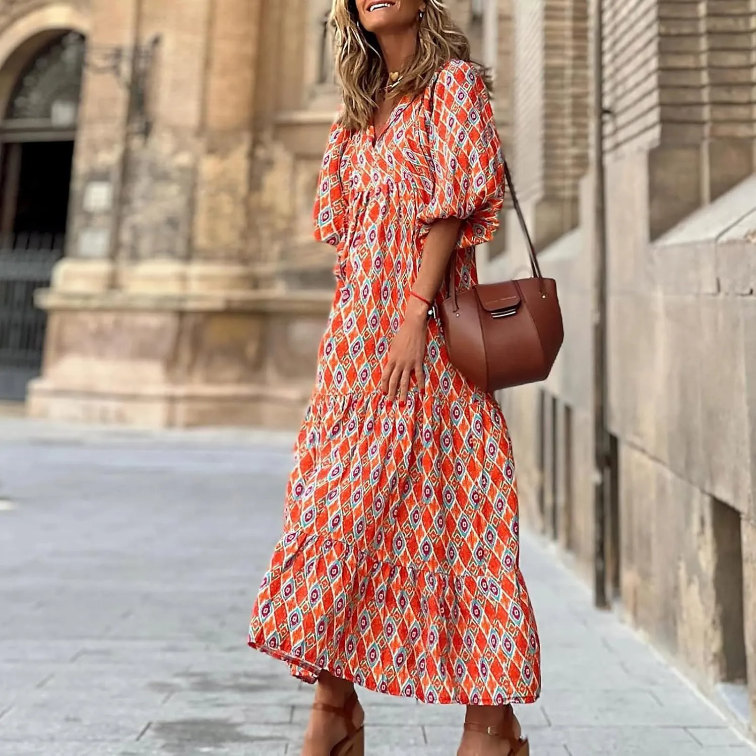 Boho Summer Dresses for Women 2025 Puff Sleeve Geometric Flower Maxi Dress Comfy Tiered Gingham Flowy Long Dress