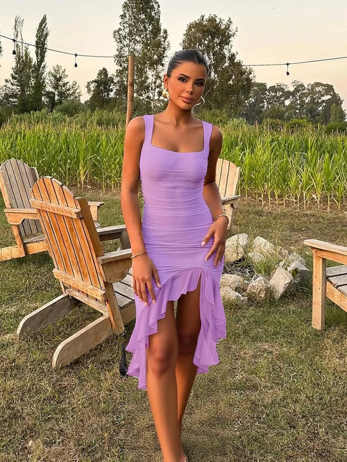 BORIFLORS Women's Sexy Ruched Bodycon Midi Dresses Square Neck Sleeveless Ruffle Hem Club Party Tank Dress