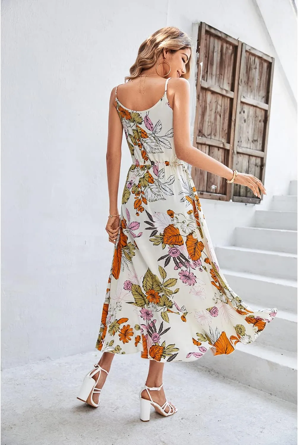 BROVAVE Women's 2025 Summer Casual Boho Sundress Polka Dot Spaghetti Strap V Neck Flowy Midi Dresses