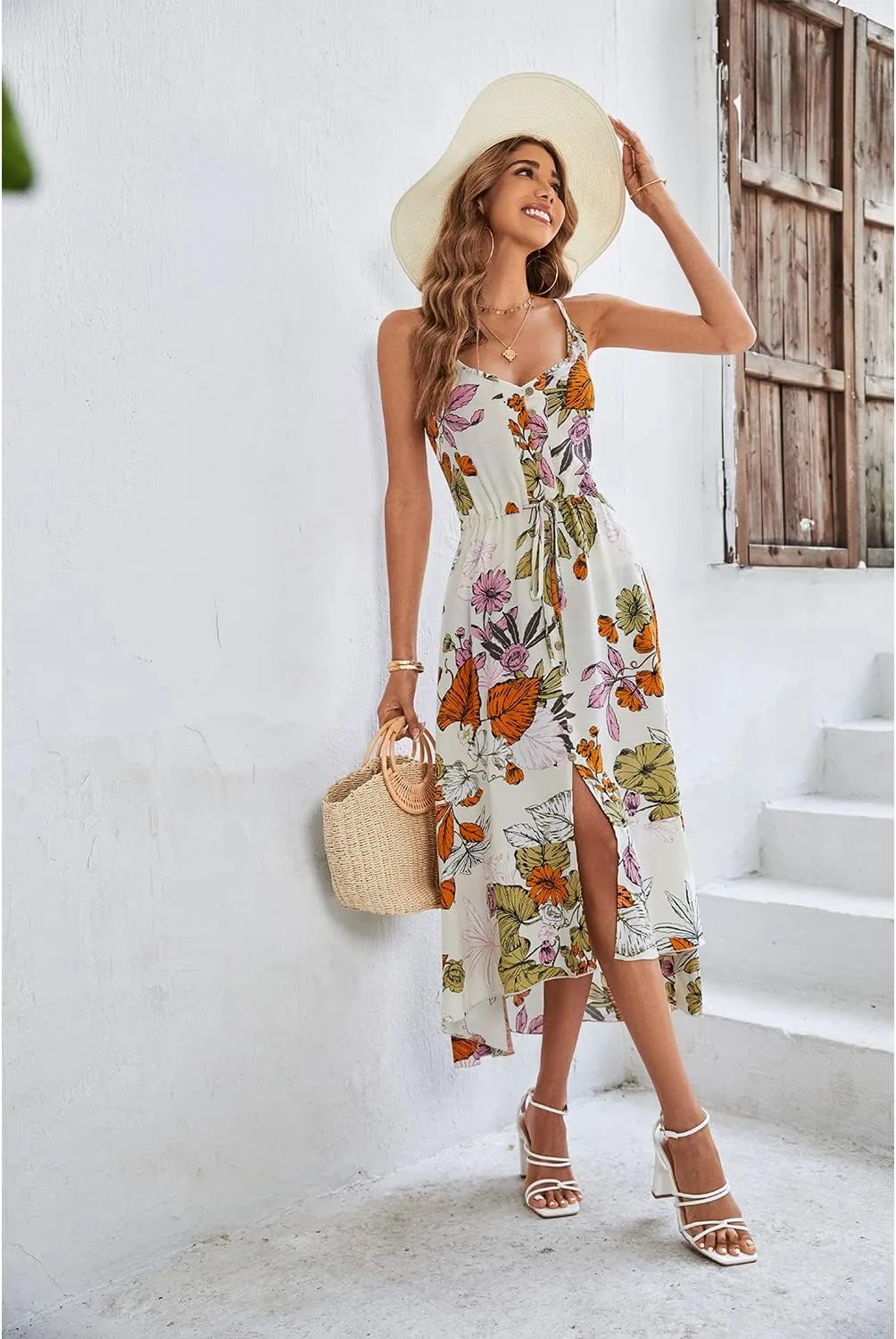 BROVAVE Women's 2025 Summer Casual Boho Sundress Polka Dot Spaghetti Strap V Neck Flowy Midi Dresses