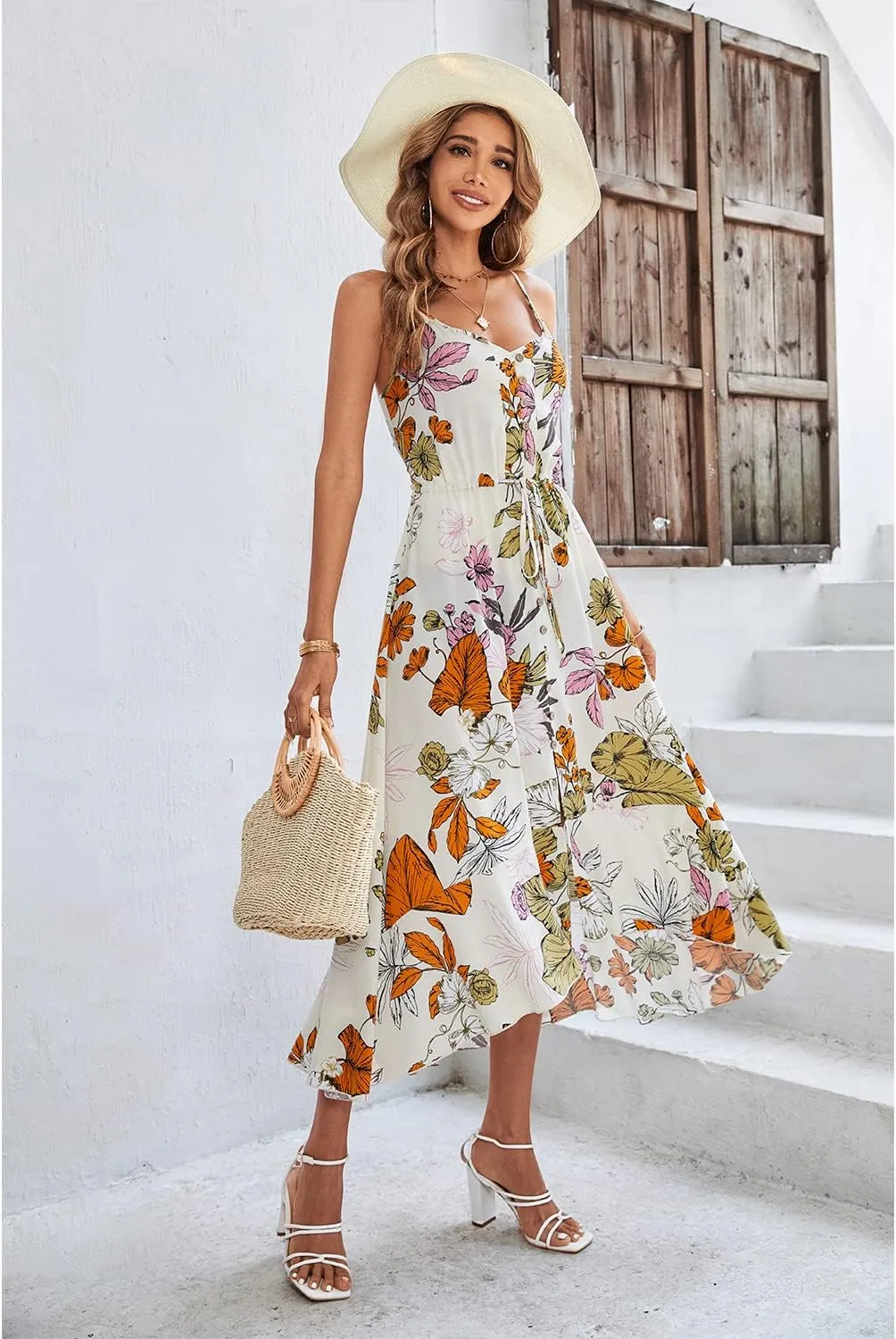 BROVAVE Women's 2025 Summer Casual Boho Sundress Polka Dot Spaghetti Strap V Neck Flowy Midi Dresses