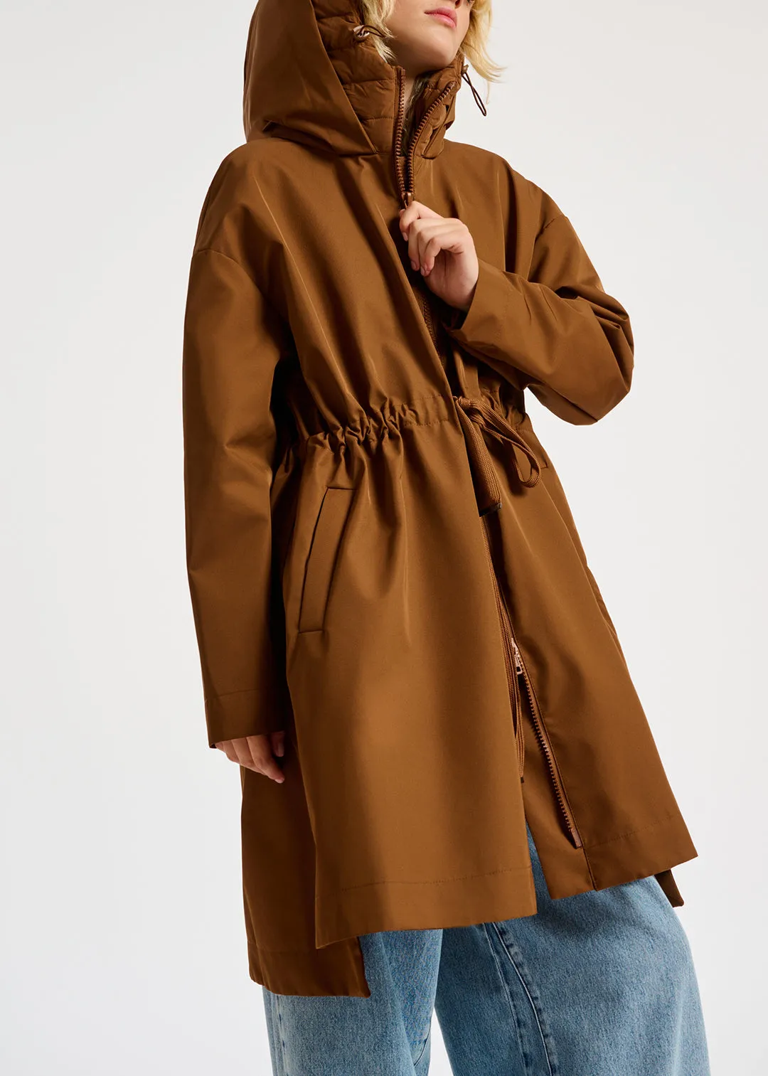 Brown oversized hooded raincoat