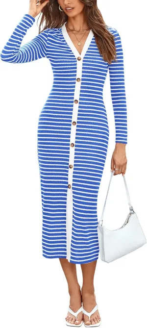 BTFBM Women Casual Long Sleeve Dress Fall Dresses 2024 Striped Midi Dresses Decorative Button Ribbed Knit Dresses