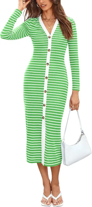 BTFBM Women Casual Long Sleeve Dress Fall Dresses 2024 Striped Midi Dresses Decorative Button Ribbed Knit Dresses