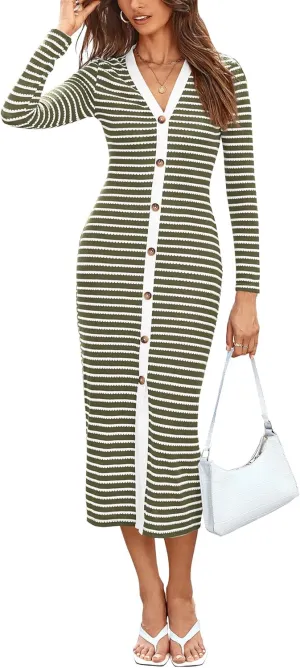 BTFBM Women Casual Long Sleeve Dress Fall Dresses 2024 Striped Midi Dresses Decorative Button Ribbed Knit Dresses