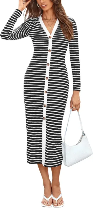 BTFBM Women Casual Long Sleeve Dress Fall Dresses 2024 Striped Midi Dresses Decorative Button Ribbed Knit Dresses