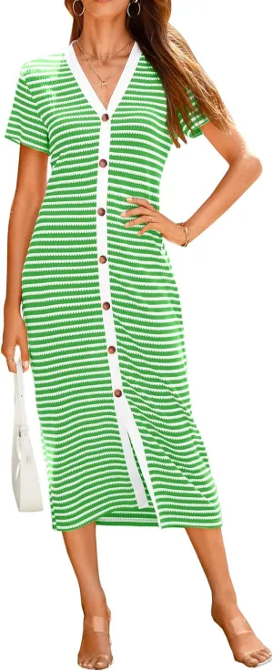 BTFBM Women Casual Summer Dresses Short Sleeve Striped Midi Dresses Decorative Button Ribbed Knit Dresses Party Dresses
