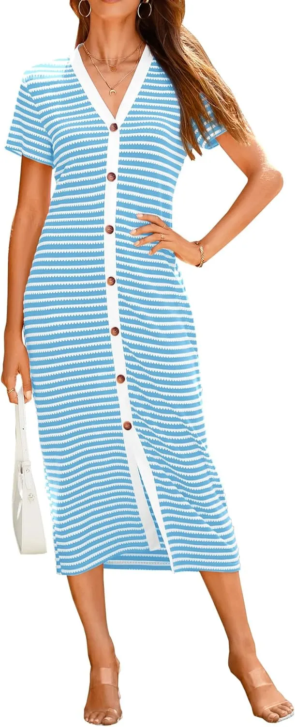 BTFBM Women Casual Summer Dresses Short Sleeve Striped Midi Dresses Decorative Button Ribbed Knit Dresses Party Dresses