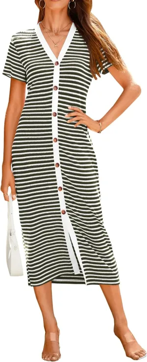 BTFBM Women Casual Summer Dresses Short Sleeve Striped Midi Dresses Decorative Button Ribbed Knit Dresses Party Dresses