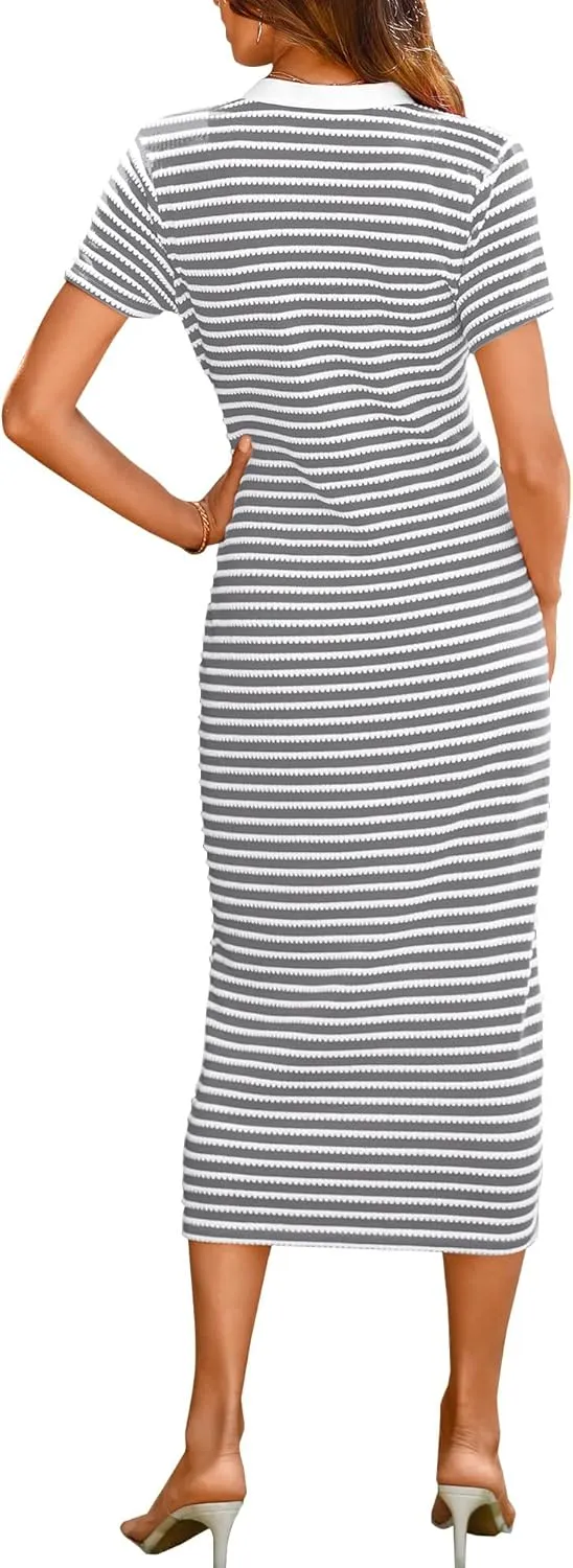 BTFBM Women Casual Summer Dresses Short Sleeve Striped Midi Dresses Decorative Button Ribbed Knit Dresses Party Dresses