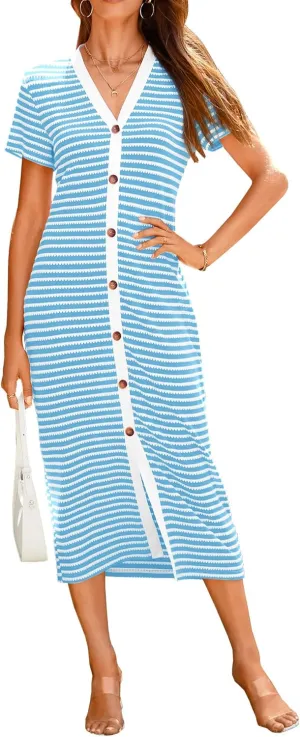 BTFBM Women Casual Summer Dresses Short Sleeve Striped Midi Dresses Decorative Button Ribbed Knit Dresses Party Dresses