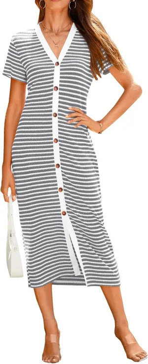 BTFBM Women Casual Summer Dresses Short Sleeve Striped Midi Dresses Decorative Button Ribbed Knit Dresses Party Dresses