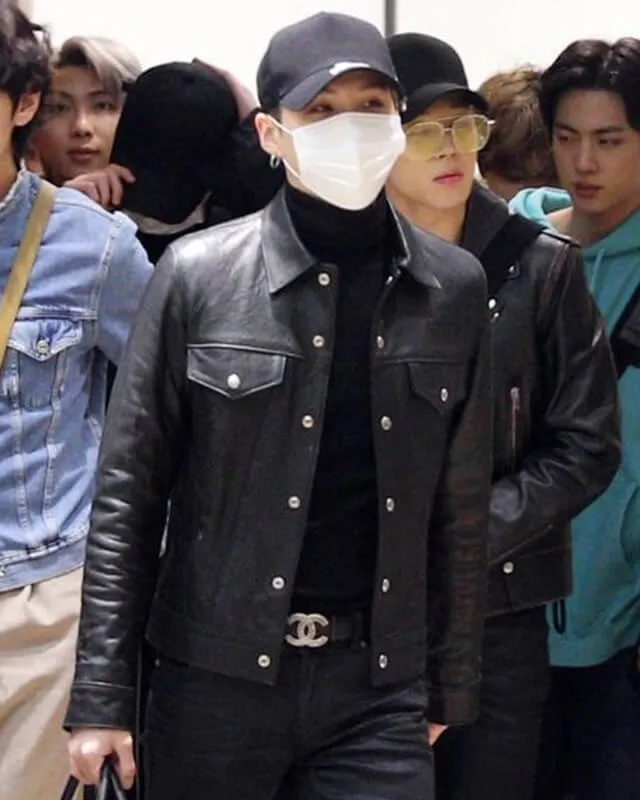 BTS Airport Fashion Suga Black Trucker Leather Jacket