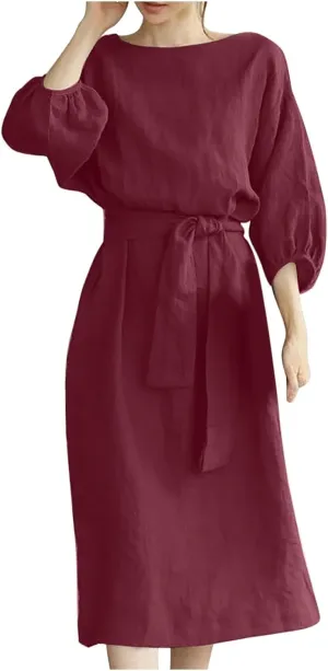 Business Dress for Women Solid Color Tie Waist Knee Length Long Sleeve Dresses Casual Loose Plus Size Office Dress