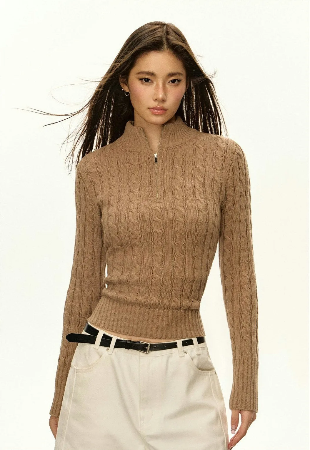 Cable Knit Half Zip Lightweight Mock-Neck Sweater
