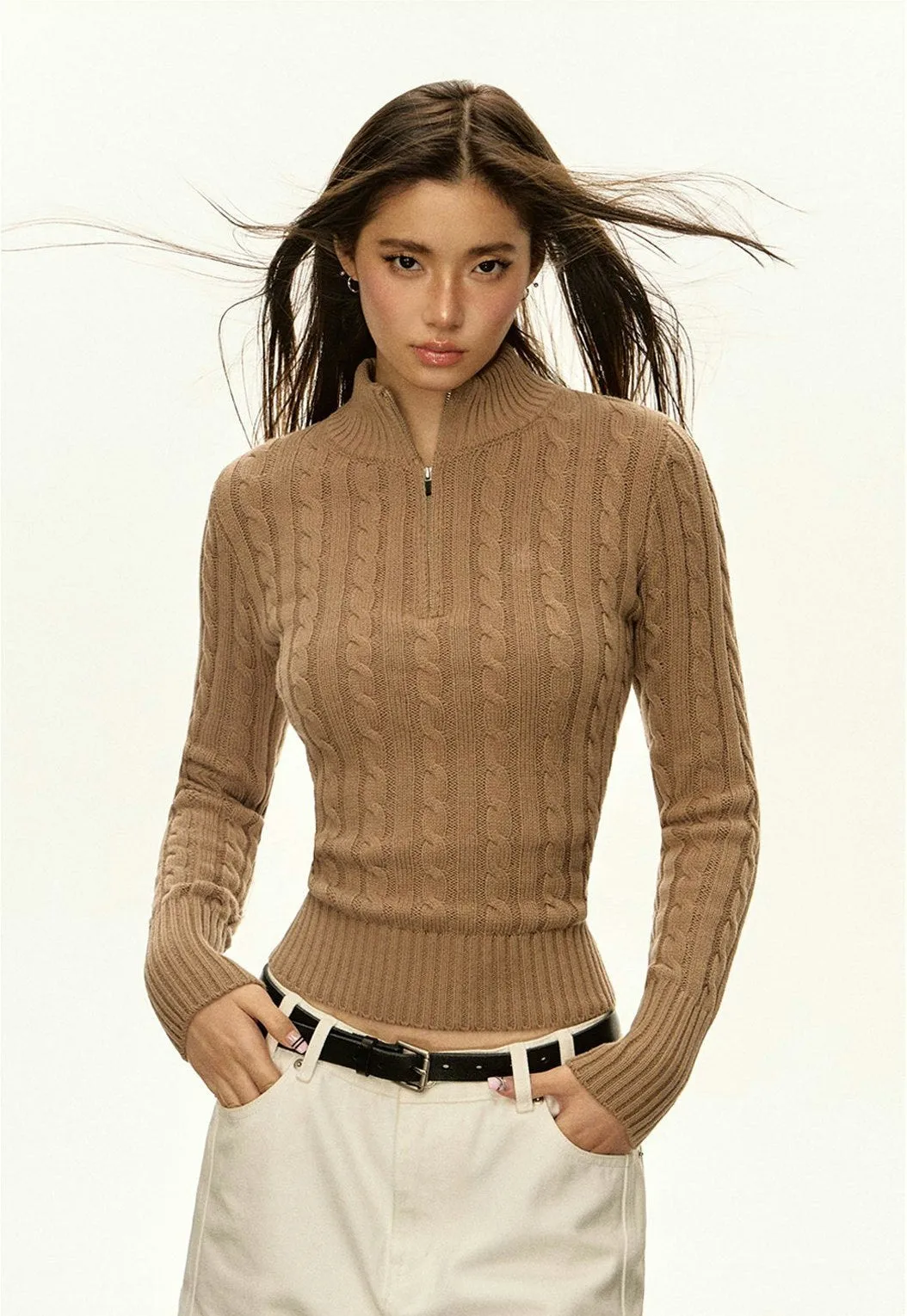Cable Knit Half Zip Lightweight Mock-Neck Sweater