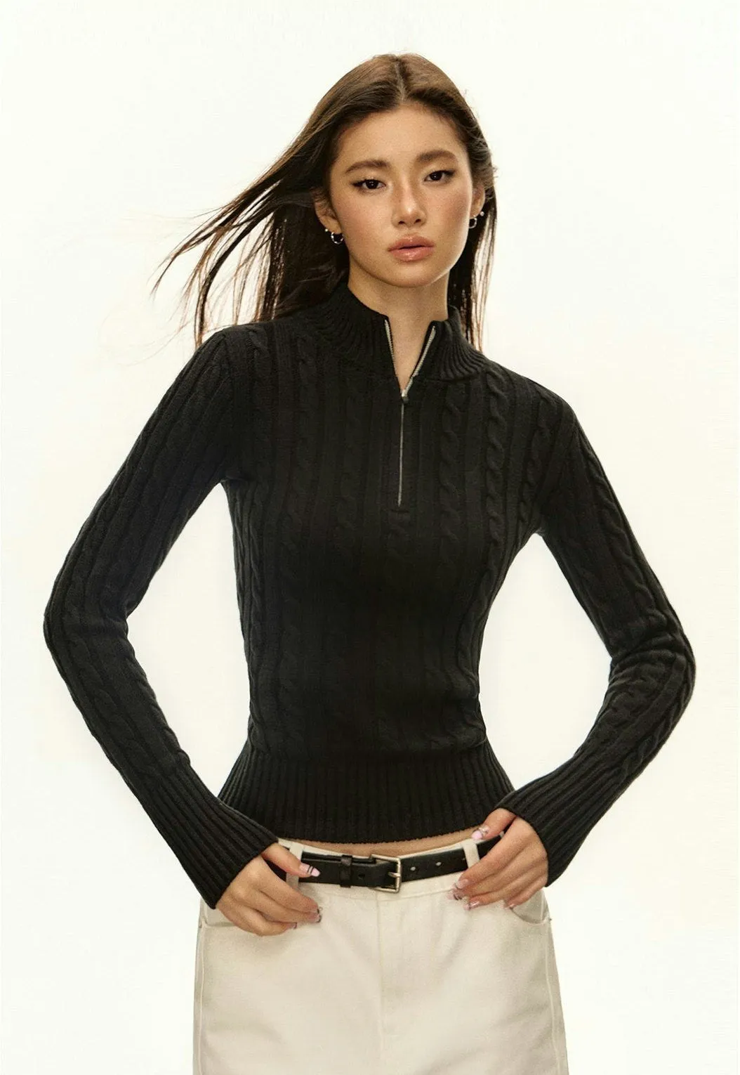 Cable Knit Half Zip Lightweight Mock-Neck Sweater