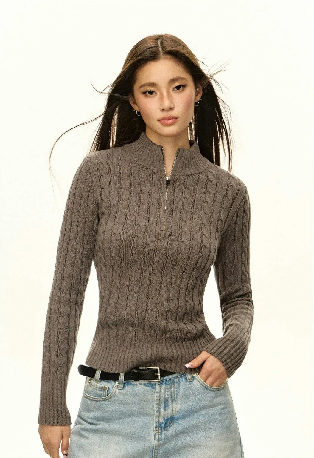 Cable Knit Half Zip Lightweight Mock-Neck Sweater