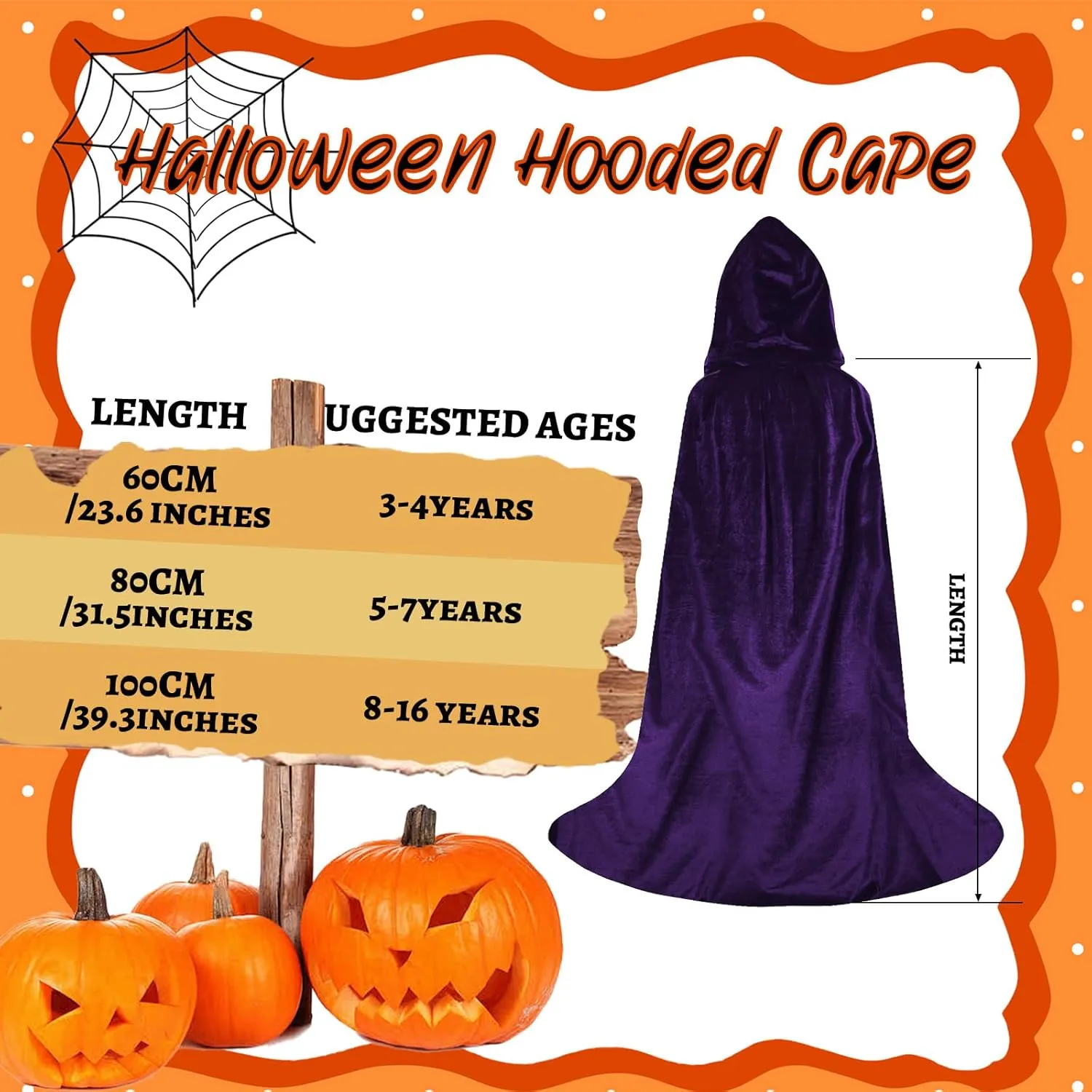 candyfouse Kids Halloween Hooded Velvet Cloak Cape, Party Cosplay Costume Ages 3-16, Magical Fun Role Play