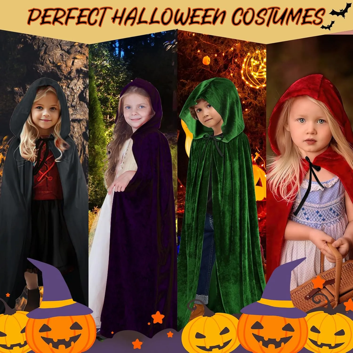 candyfouse Kids Halloween Hooded Velvet Cloak Cape, Party Cosplay Costume Ages 3-16, Magical Fun Role Play
