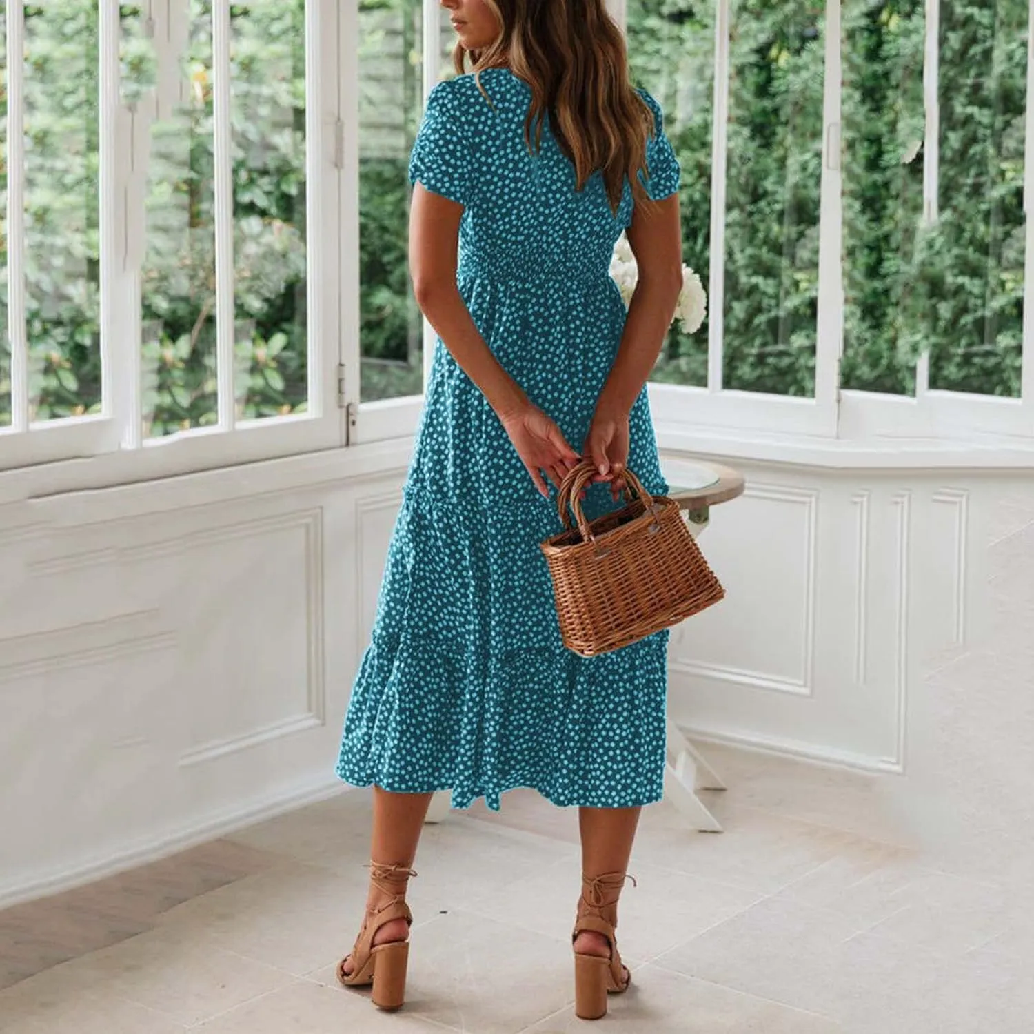 Casual Dress for Women Dot Print Square Neck Summer Beach Sundress Short Sleeve High Waist Tiered Soft A Line Dresses