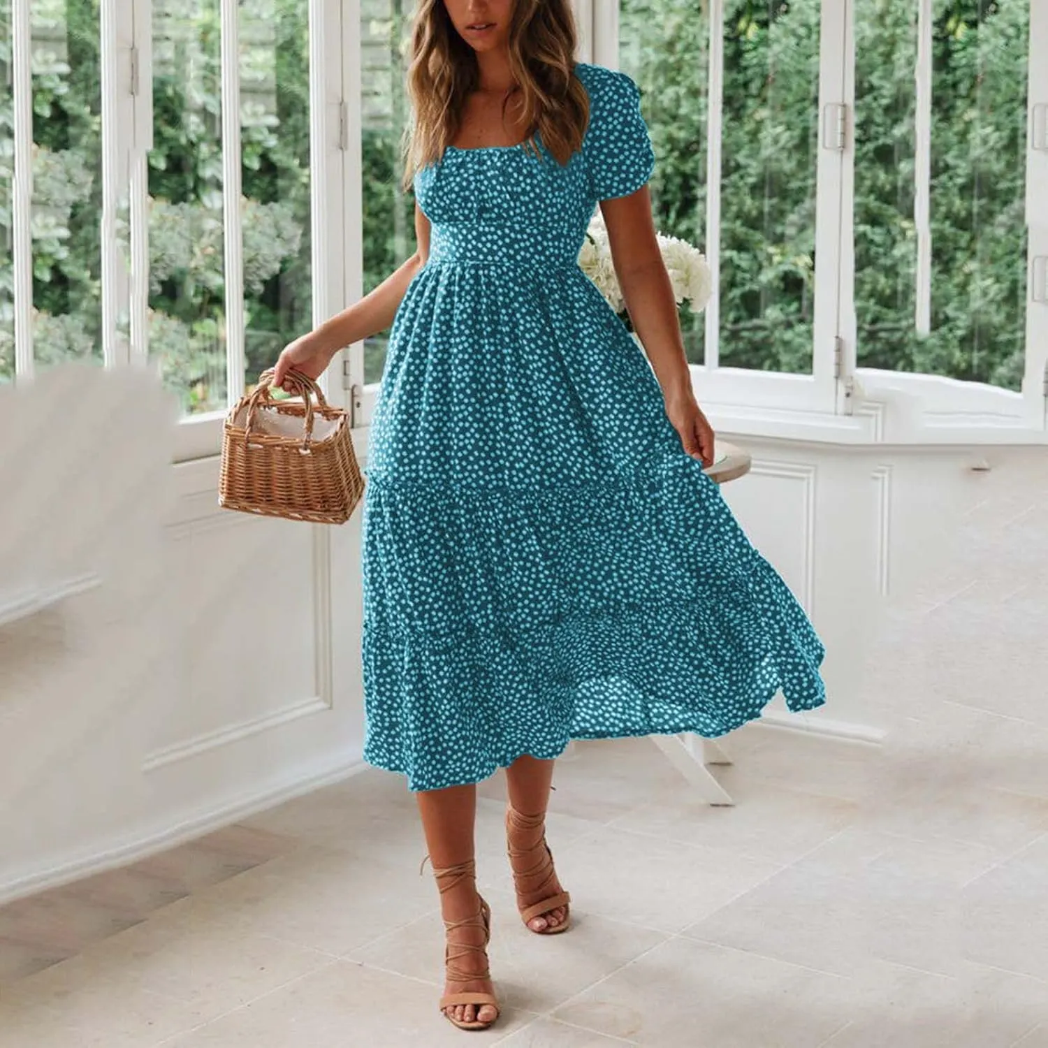 Casual Dress for Women Dot Print Square Neck Summer Beach Sundress Short Sleeve High Waist Tiered Soft A Line Dresses