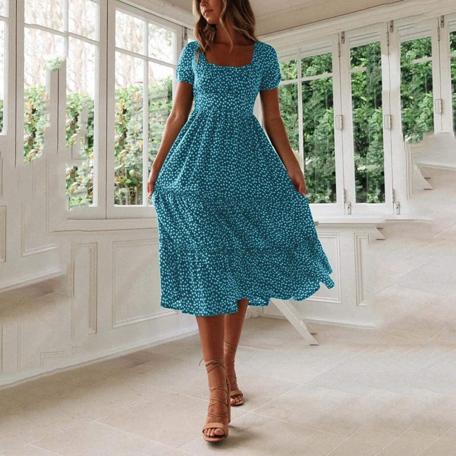 Casual Dress for Women Dot Print Square Neck Summer Beach Sundress Short Sleeve High Waist Tiered Soft A Line Dresses