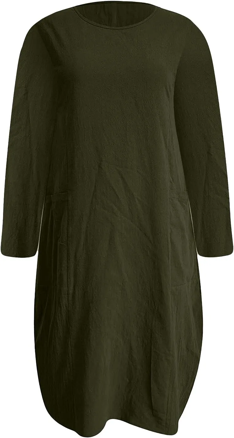 Casual Dresses for Women Summer Round Neck 3/4 Sleeve Solid Loose Long Tops Comfy Shift Plus Size Dress with Pocket