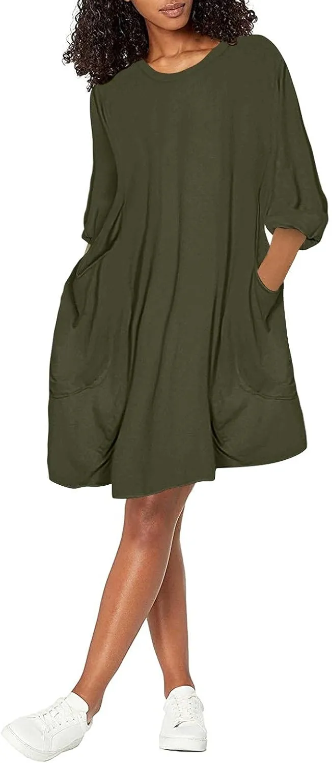 Casual Dresses for Women Summer Round Neck 3/4 Sleeve Solid Loose Long Tops Comfy Shift Plus Size Dress with Pocket