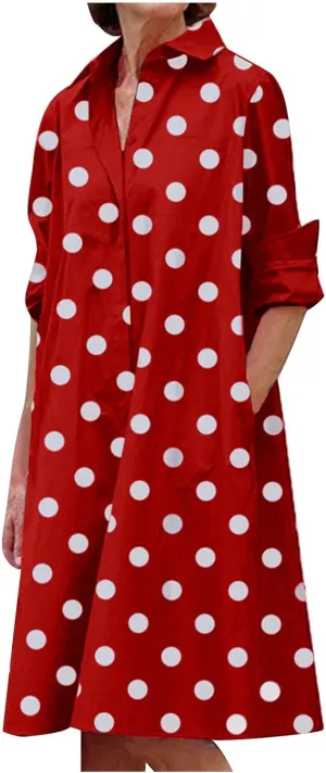 Ceboyel Shirt Dresses for Women 2023 Polka Dot Midi Dress Long Sleeve Button Down Dress Dressy Casual Ladies Clothing