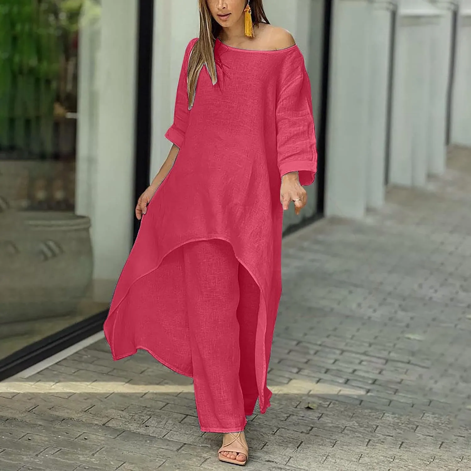 Ceboyel Summer Boho Dresses for Women 2023 Cotton Linen Dress One Shoulder Long Maxi Dresses Casual Beach Ladies Outfits