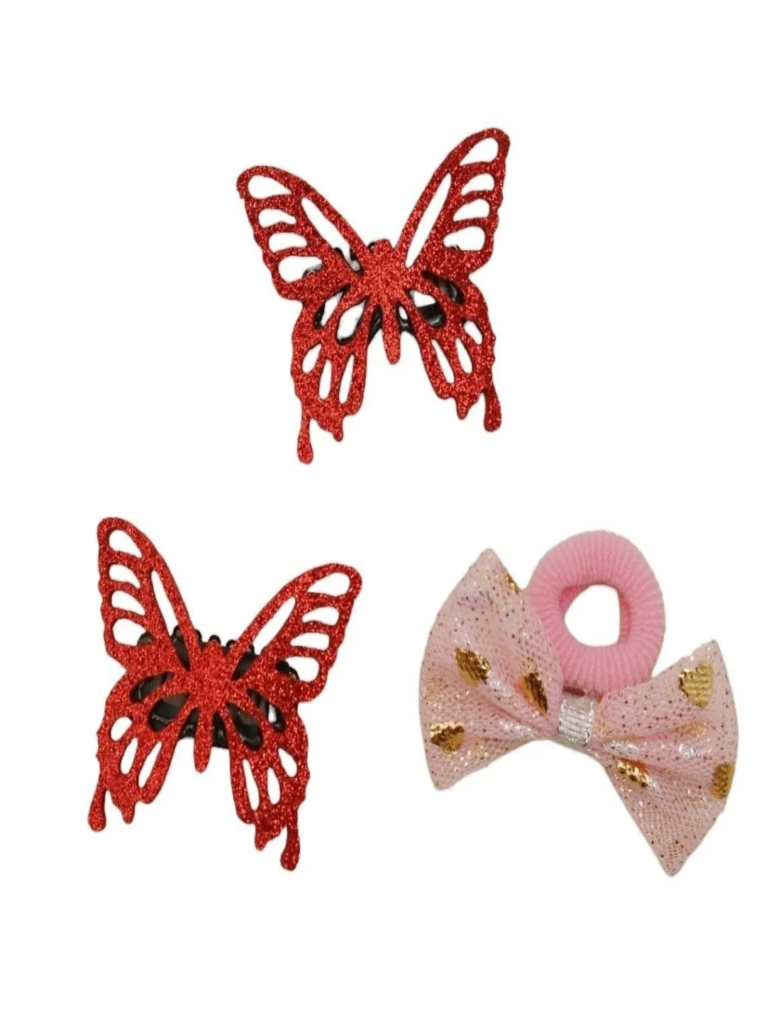 Charming Red Lace and Pink Glitter Bow Clips Set
