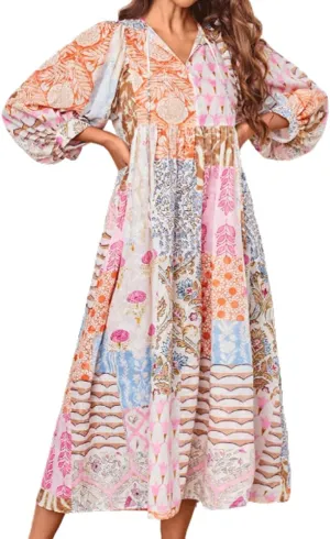 CHARTOU Women Boho Floral Printed Long Dress Summer Lantern Half Sleeve Beach Flowy Loose Swing Sundress
