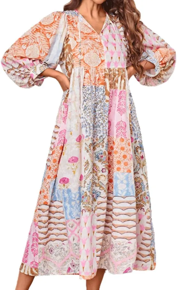 CHARTOU Women Boho Floral Printed Long Dress Summer Lantern Half Sleeve Beach Flowy Loose Swing Sundress