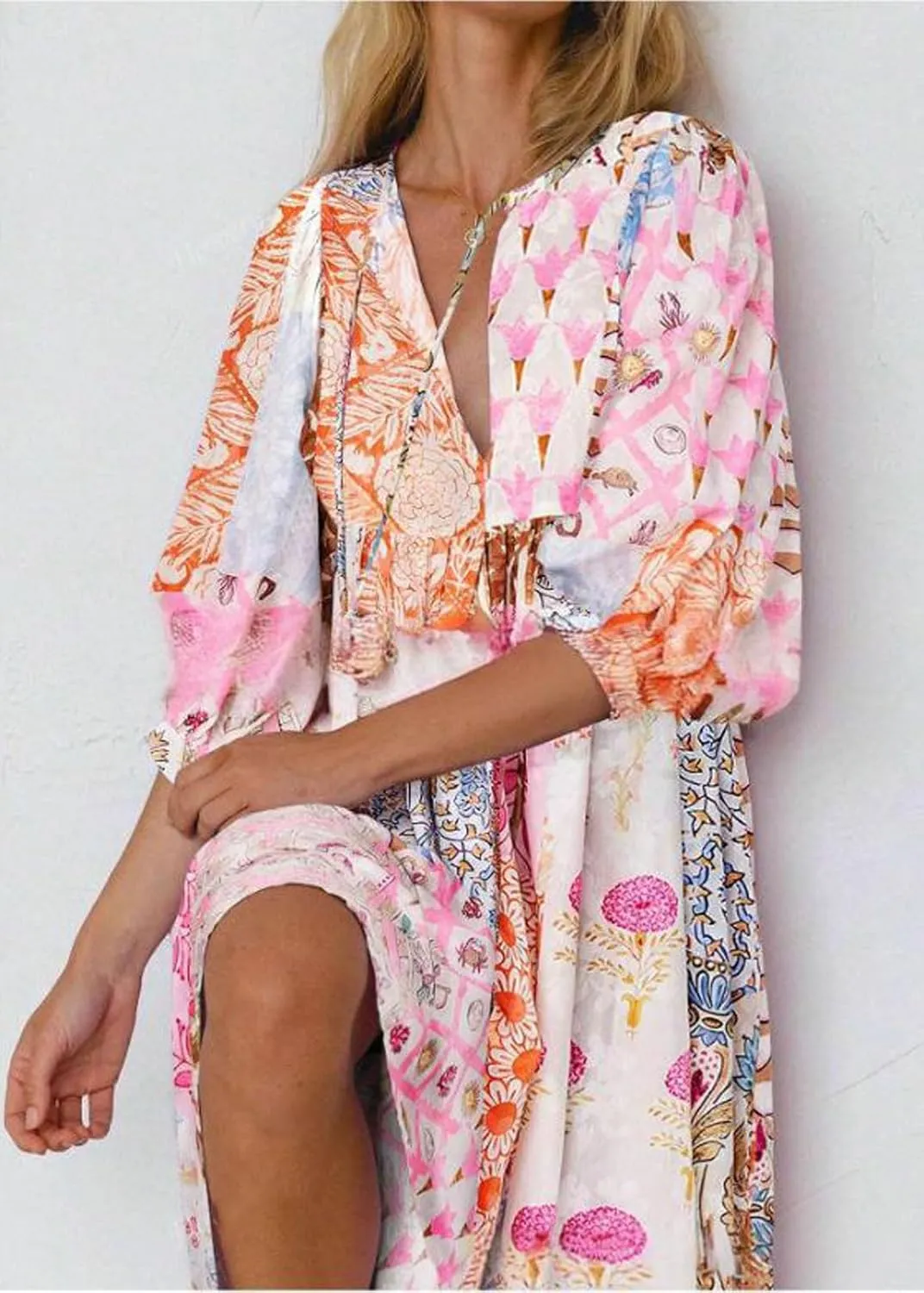 CHARTOU Women Boho Floral Printed Long Dress Summer Lantern Half Sleeve Beach Flowy Loose Swing Sundress