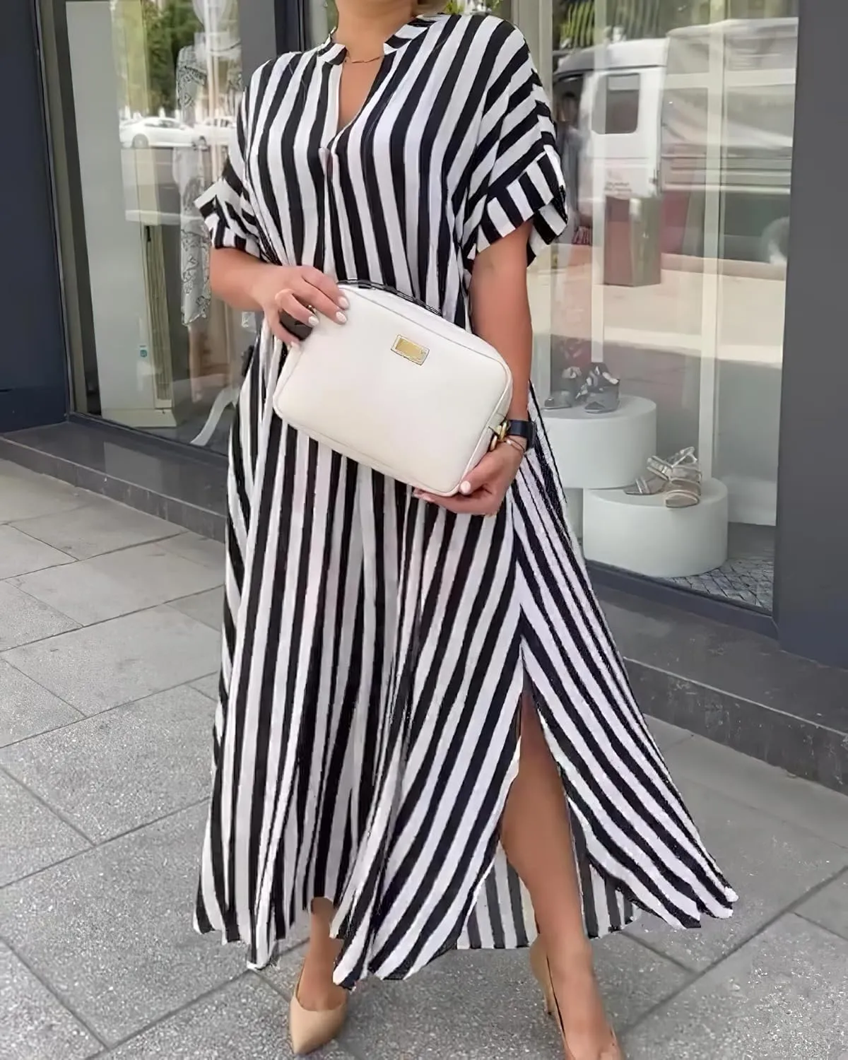 chouyatou Women's Casual Short Sleeve V Neck Striped Dresses Loose Maxi Shirt Dress with Side Slit