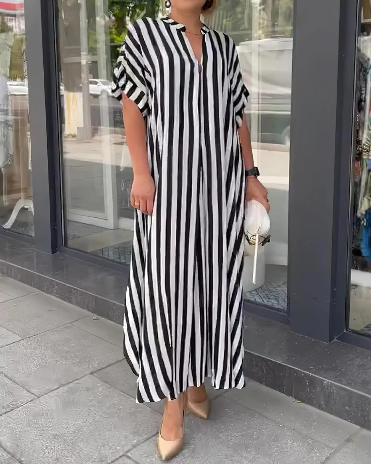 chouyatou Women's Casual Short Sleeve V Neck Striped Dresses Loose Maxi Shirt Dress with Side Slit