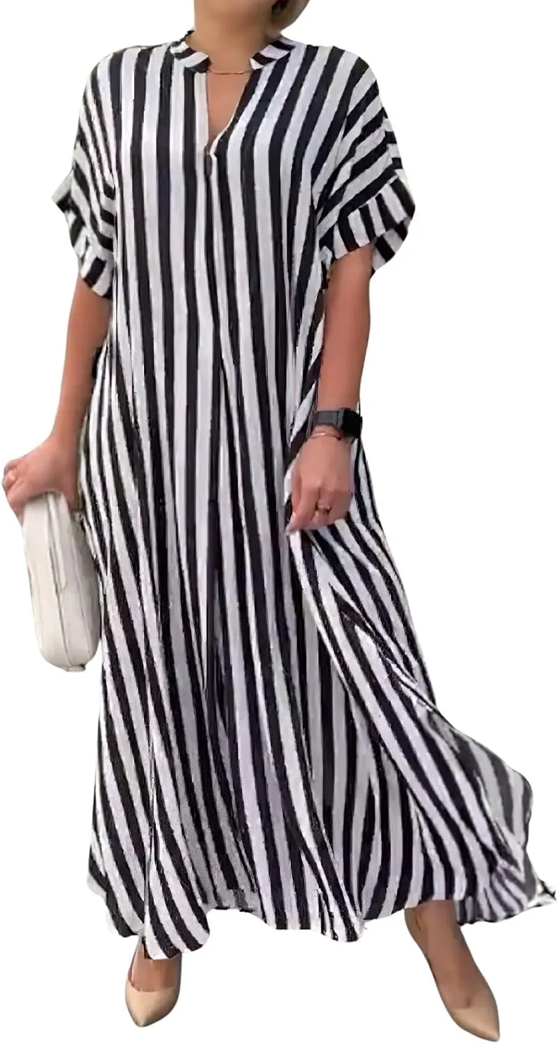 chouyatou Women's Casual Short Sleeve V Neck Striped Dresses Loose Maxi Shirt Dress with Side Slit