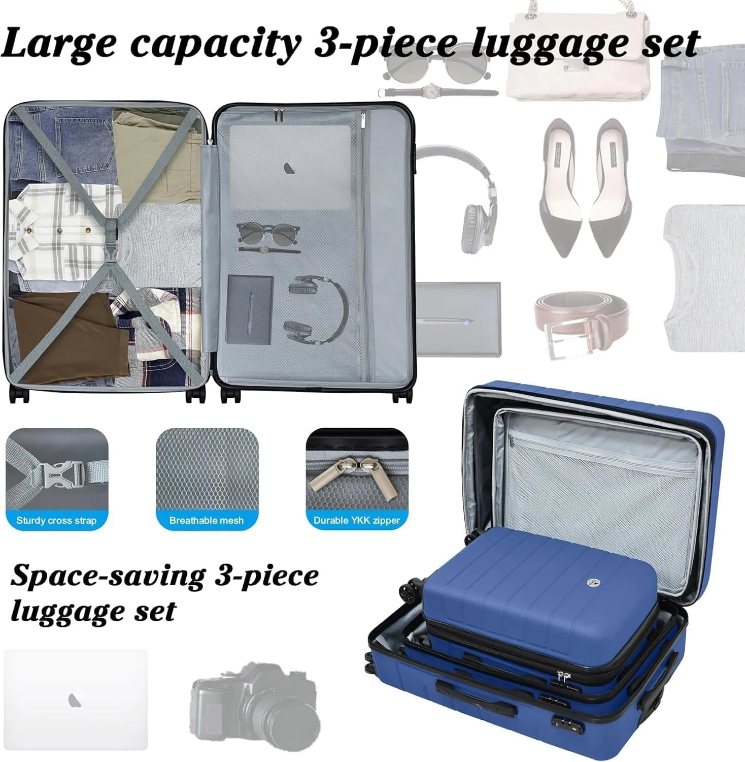 Classic 3-Piece Luggage Set with TSA Lock, PC ABS Durable Lightweight Suitcase with Spinner Wheels, Hardshell Expandable Carry-On Luggage for Business Family Travel, 20/24/28 inch, Navy Blue
