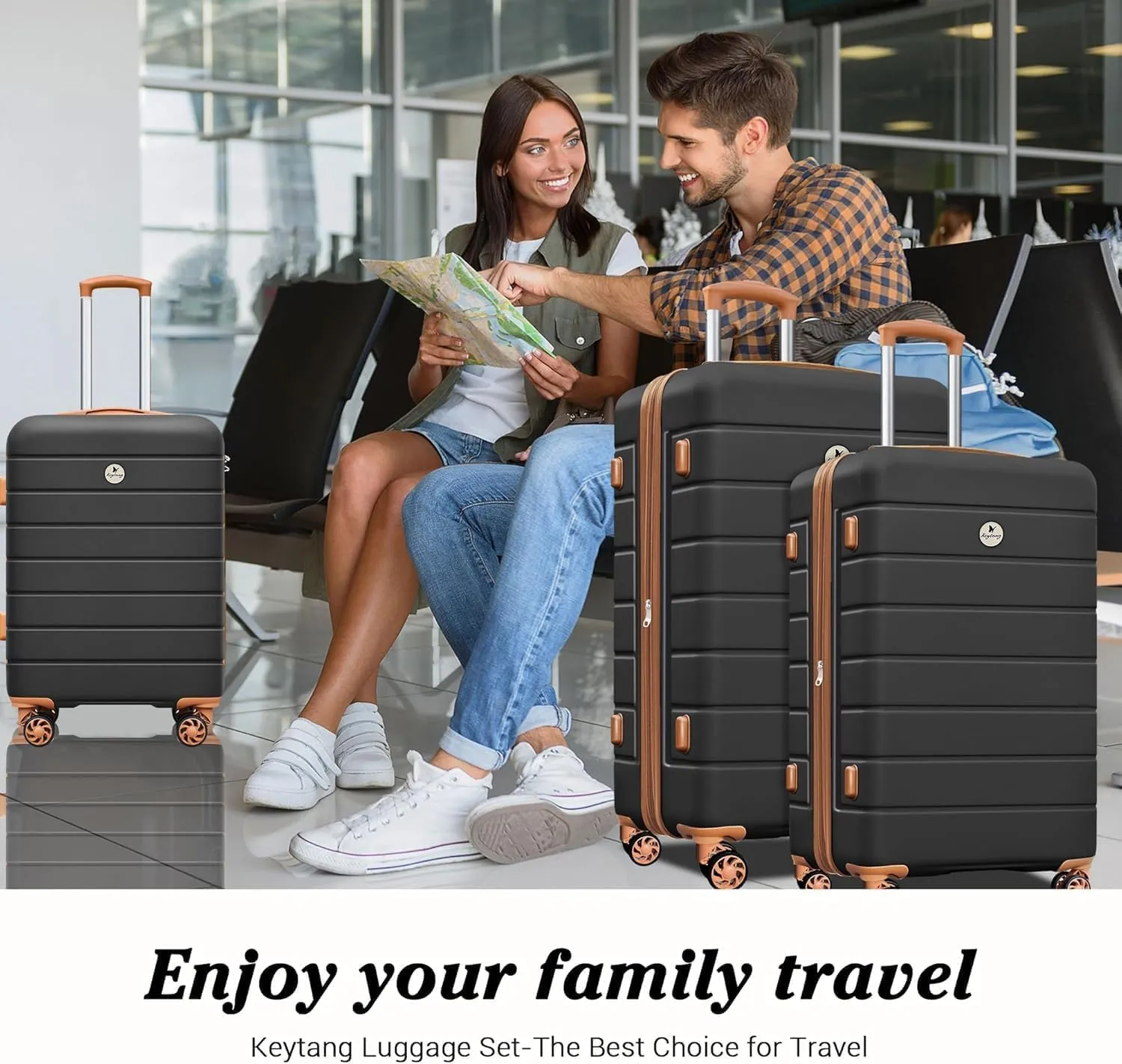 Classic Light Weight Hardside Expandable Spinner Wheels Luggage Suitcase W/TSA Lock, Apricot Black, 3 Piece Set