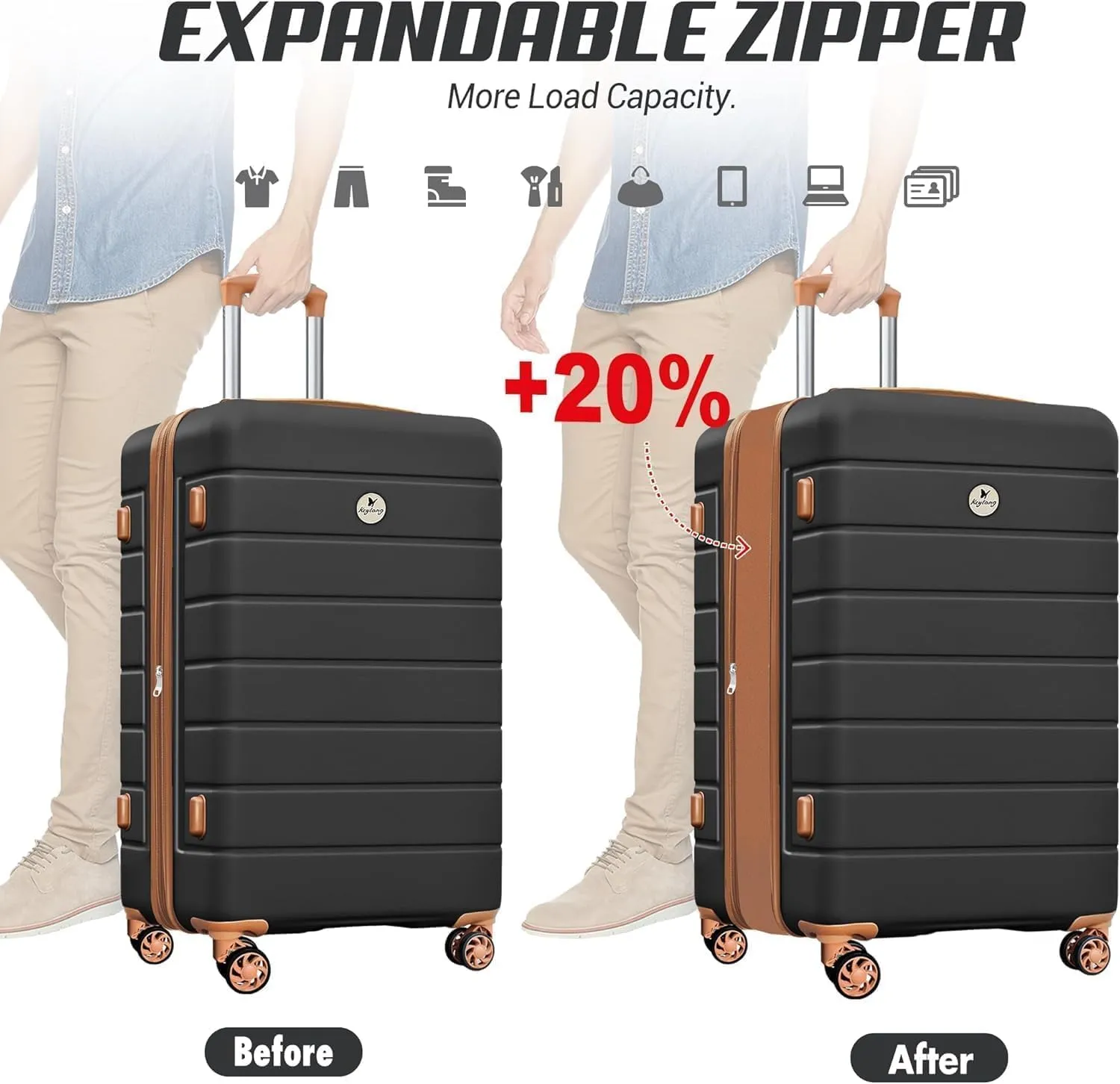 Classic Light Weight Hardside Expandable Spinner Wheels Luggage Suitcase W/TSA Lock, Apricot Black, 3 Piece Set